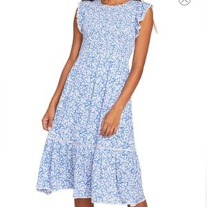 Lost + Wander floral smocked midi blue dress - medium